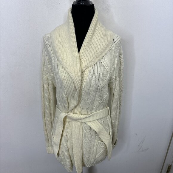 Vintage Kari Lynn Woman M Open Cardigan Belted Cable Knit Sweater Fisherman 70s - Picture 1 of 7